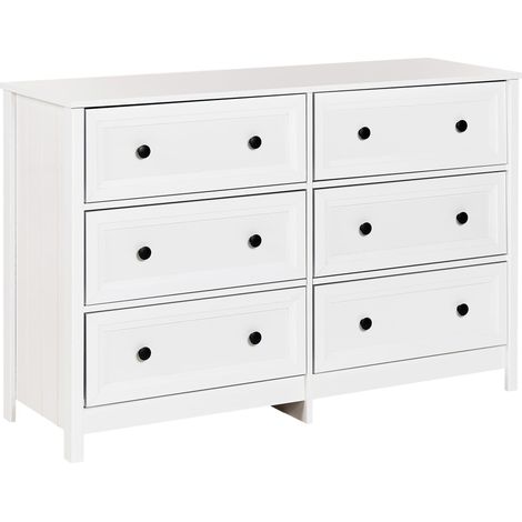 Elegante cassettiera a 6 cassetti in legno ingegnerizzato Maniglie nere Gambe in legno massiccio Soggiorno Bianco Hazelvale