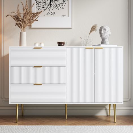 Credenza con 3 cassetti, 2 ante e ripiani interni, MDF bianco e oro HAVRYA (1/5)