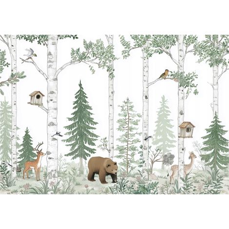 Papier peint mural forêt animaux arbres enfant intissé grand format design intérieur chambre enfant pas cher 200x140 cm (1/5)