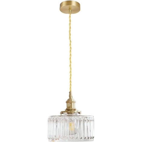 Lampe suspension industrielle vintage en verre Côtelé, Lumière suspendue rétro E27 finition laiton, Plafonnier à paire torsadée flexible Loft Bar (Clair) (1/4)