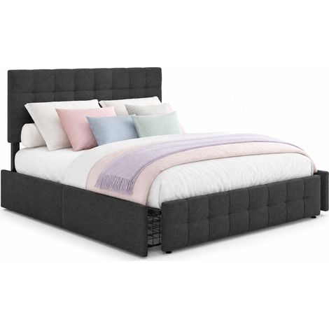 Lit 140x200 avec 4 tiroirs de rangement, tête de lit réglable, sommier à lattes acier et design capitonné noir, idéal chambre adulte CHICFURN (1/5)