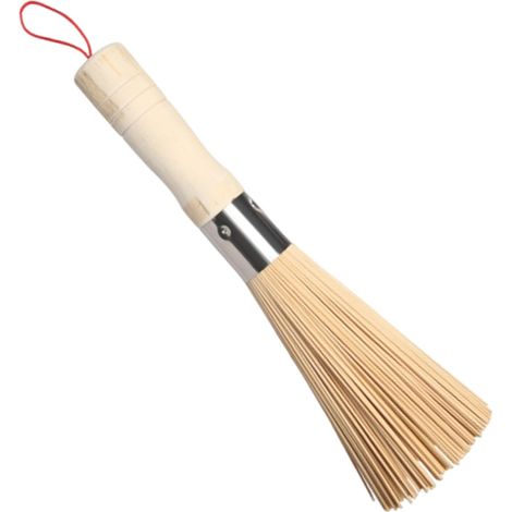 Cepillo de madera para limpiar woks, con anilla para colgar que evita rayar los utensilios de cocina, también apto para el mantenimiento de sartenes de hierro fundido. (1/5)