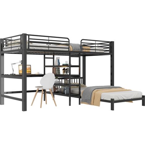 Lit superposé double 90x200 avec bureau intégré, rangements et prises USB Type-C, structure métal noir EN747 sans matelas (1/4)