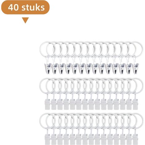 Lot de 40 anneaux de rideaux en métal blancs 4 x 38 mm résistants à la rouille avec crochets pour tringle à rideaux accessoires pratiques pour suspendre rideaux voilages et autres décorations de fenêt (1/5)