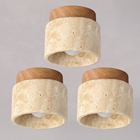 Retro Deckenleuchte Holz Travertin Deckenlampe Warmweißes Licht Ø12CM für Flur Küche Café Restaurant - 3Pcs
