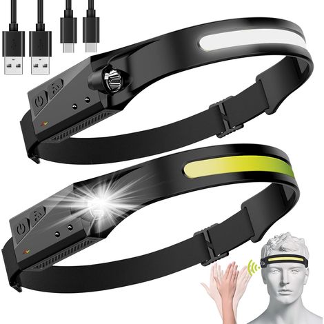 Lampe frontale Lampe frontale LED, lot de 2 lampes de poche rechargeables pour adultes, phare à faisceau large 230°, lampe frontale à capteur de mouvement, bandeau réglable extérieur étanche pour cour (1/5)