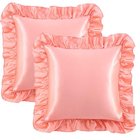 Lot de 2 taies d'oreiller en satin avec volants romantiques - Uni - Brillant - Avec fermeture hôtelière - Rose - 40 x 40 cm (1/5)