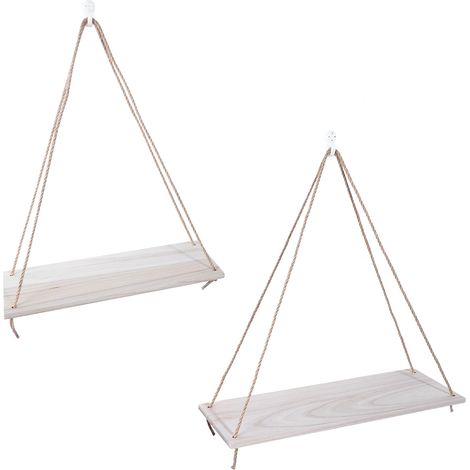Lot de 2 étagères murales en bois avec corde pour suspendre pots de fleurs et plantes, décoration intérieure, couleur bois