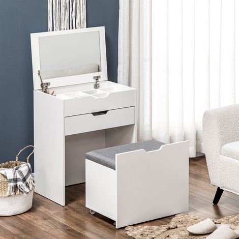 Tocador de dormitorio con espejo y taburete a juego, estación de maquillaje con compartimento oculto y cajón de madera, blanco. (1/5)