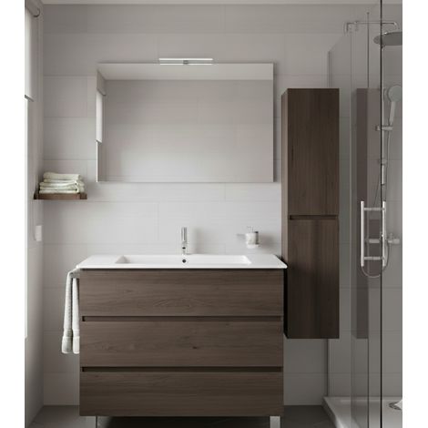 Ensemble Meuble de salle de bain BALDER Livré Monté 3 tiroirs avec pieds, lavabo et miroir Frêne tea 120x45 cm double vasque avec colonne