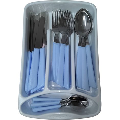 Servizio di Posate completo 24 Pezzi per tavola di 6 persone manico celeste in Acciaio Inossidabile Lavabili in Lavastoviglie Made in Italy in omaggio il Porta Posate da Cassetto