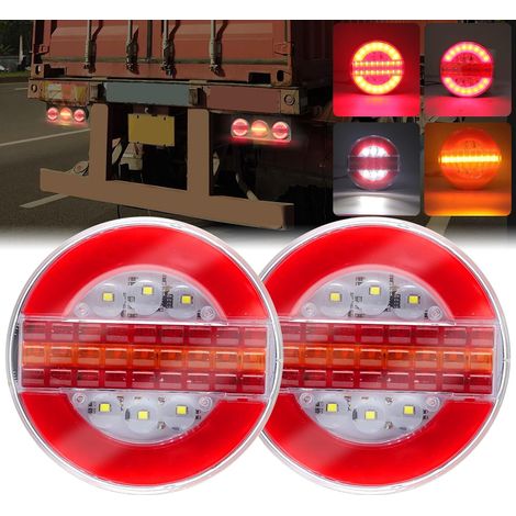 2 pcs led remorque feu arrière, hamburger rond feux arrière camion frein feux stop flux séquentiel indicateur clignotant lampe 12v 24v universel pour remorque camion rv camping-car caravane van (1/5)