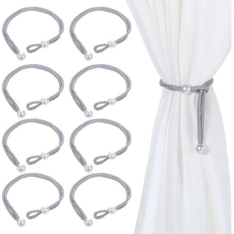 Set of 8 adjustable gray rope curtain tiebacks with beaded curtain loops, simple and decorative style for home, hotel, office, window (1/5)