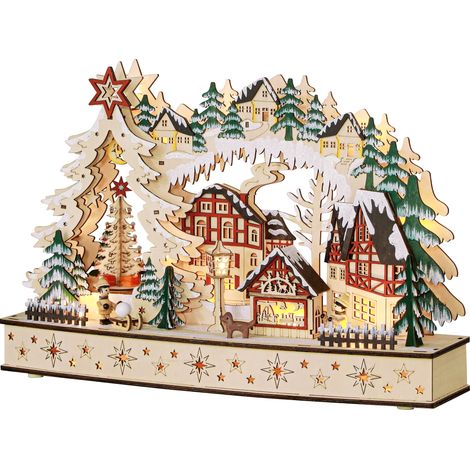 20 LED, paysage enneigé, 45L x 12l x 30H cm Village Noël lumineux animé bois naturel (1/5)