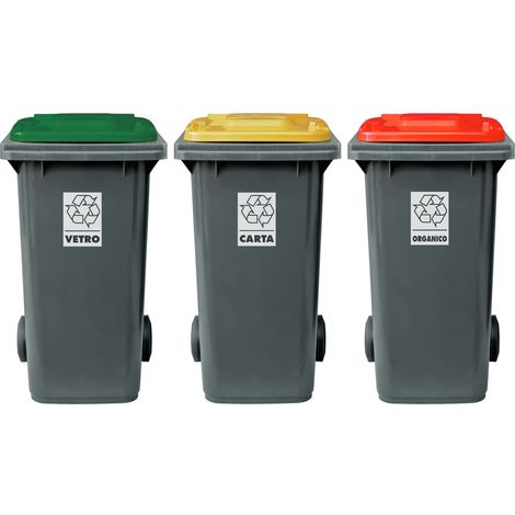 Set 3 bidoni porta rifiuti - capacità 120 litri - bicolor con fondo grigio e coperchi colorati per raccolta differenziata (Verde, Rosso e Giallo)