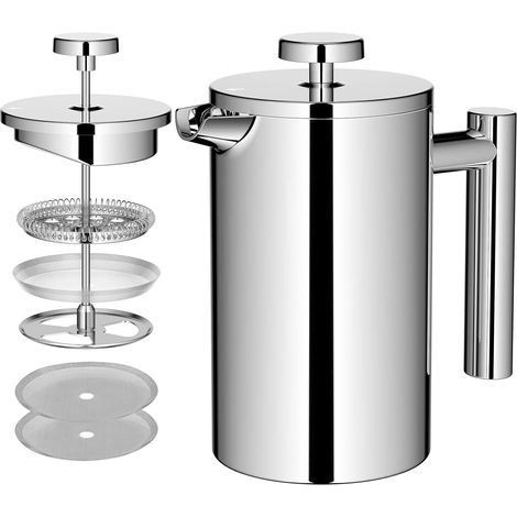 Cafetière à Piston Cafetière à Double Paroi en Acier Inoxydable 4 Tasses, 650 ml, Petite Cafetière Française, Argent (1/5)