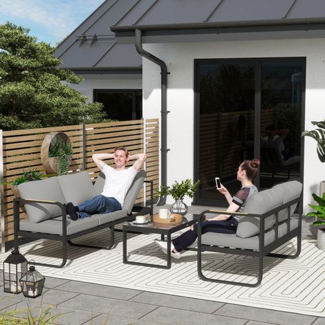 Ensemble de jardin 3 pièces comprenant un canapé convertible 3 places, un canapé 2 places et une table basse d'extérieur, gris et noir. (1/5)