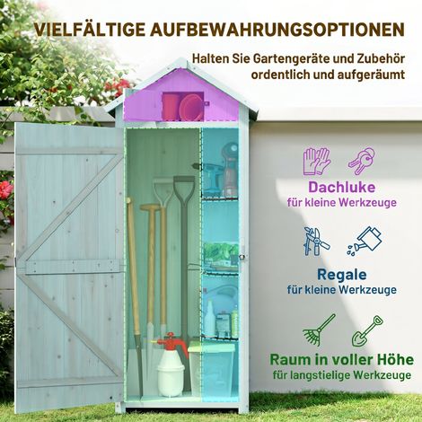 Abri de jardin en bois traité, 77 x 54,2 x 179 cm, porte incluse, toit incliné, rangement d'outils avec tablettes, idéal pour extérieur ou balcon, bleu ciel et vert.