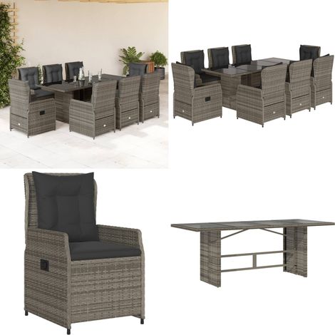9-tlg. Garten-Essgruppe mit Kissen Grau Poly Rattan - Gartengestelle - Gartenmöbelset - Gartentisch - Gartenstühle - Lounge Möbel - Home & Living (1/5)