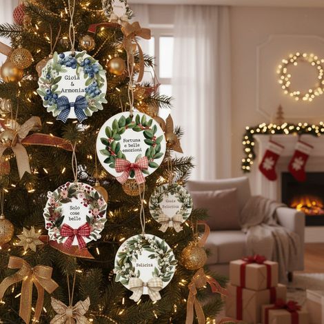 Pendaglio tondo in legno con ghirlande auguri decorazione natalizia per albero di Natale set da 10 (1/3)
