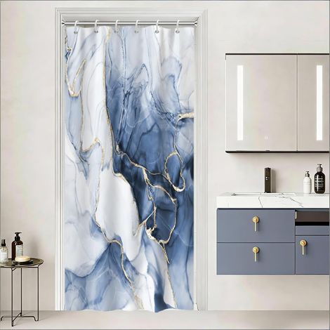 Rideau Douche Anti Moisissure, Rideau Douche 90x180cm Bleu Marine Tissu Lavable Effet Marbre Bleu Ciel Rideaux de Baignoire Imperméable Abstrait Modern Petit Rideaux de Bain avec 6 Crochets (1/5)