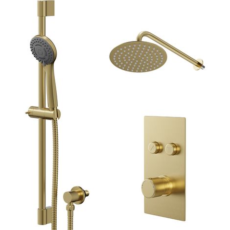 Colore Round Brushed Brass Concealed Push Button Shower Valve and 200mm Thin Round Fixed Head with Wall Arm and Round Slide Rail Kit with Round Elbow - 2 Outlet (1/5)