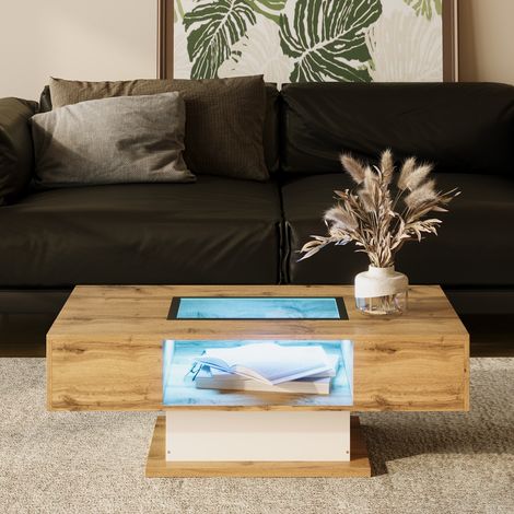 Tanant – Table basse rectangulaire 110x60x40cm – Éclairage LED couleur changeante – Plateau en verre – 2 tiroirs – Chêne naturel et blanc (1/5)
