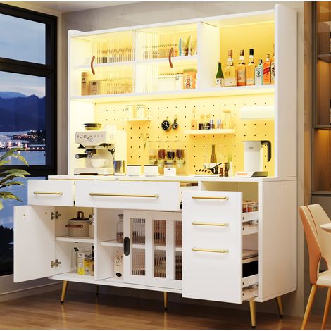 Sideboard de cuisine MDF blanc avec verre, 145 x 39 x 171 cm, LED, panneau perforé, 2 tiroirs et porte coulissante (1/5)