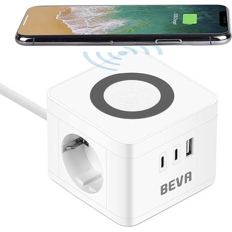 Cube Multiprise avec Charge sans Fil 10W, Blanc 6 en 1, Interrupteur, 2 Prises + 2 USB C + 1 USB A, 2500W/10A, Cable 1.5m, Pour Maison Cuisine Bureau (1/5)
