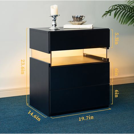 Table de chevet LED à 3 tiroirs avec planche en acrylique noire pour chambre et salon (1/5)