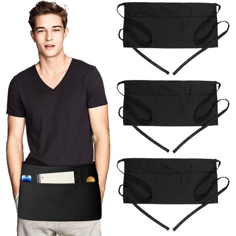 3 Pièces Tablier Serveur Court Noir pour Bistro, Jardin, Boulangerie, Café  Tabliers de Cuisine Noir Avec Sangle Réglable et 3 Poches, Imperméable Cuisine Demi Tablier Hommes et Femmes (1/5)