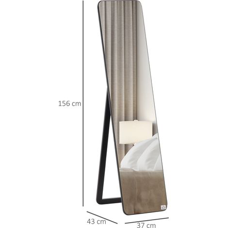 Miroir sur pied et mural avec cadre en bois et support pliable, 37 x 43 x 156 cm, noir (1/5)