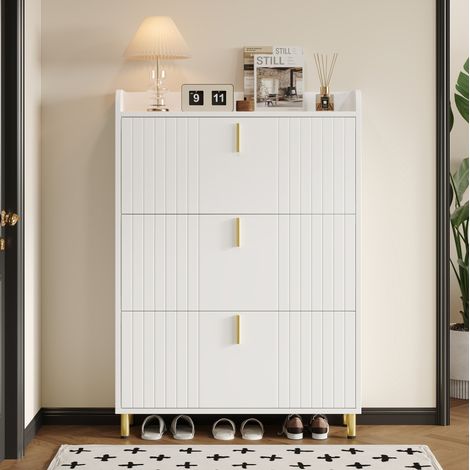 Schuhschrank 80x23x123.5 cm Weiß MDF mit 3 Klappen, verstellbaren Fächern und goldenen Metallfüßen (1/5)