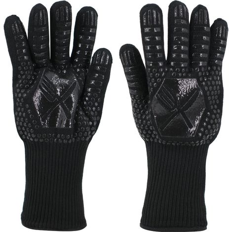 Guantes de barbacoa de 32 cm x 12 x 2 cm, resistentes al calor hasta 500 °C, antideslizantes e ignífugos, para asar a la parrilla y chimeneas (negros)