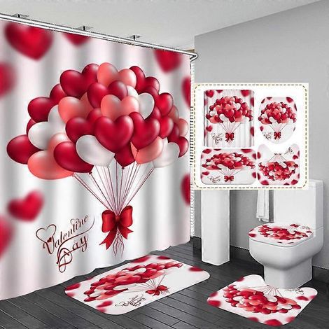 Rideau de douche à pétales de rose, rideau de salle de bain à motif floral et amour, serviette de bain antidérapante, couvre-toilette, tapis de bain, joyeuse Saint-Valentin