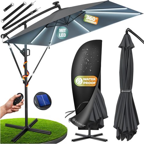KESSER® Ampelschirm Holly Sonnenschirm Rechteckig mit und ohne LED Solar inkl. Abdeckung + Windsicherung mit Kurbel  Kurbel-Schirm mit Ständer   Anthrazit / Mit LED (1/5)