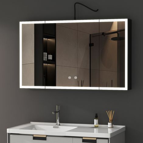 3 Türen LED Spiegelschrank mit Beleuchtung 100x60x13,5cm Badezimmerschrank Bad Spiegelschrank Schwarz Badschrank Spiegel Kabinett mit 3-Farben Dimmbar, Beschlagfrei, 2 Glasablage, Schwarz (1/5)