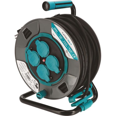 Enrouleur chantier 40 mètres - Guide câble - 4 prises avec clapet - Section 3G1,5mm2 - IP44 - Poignée