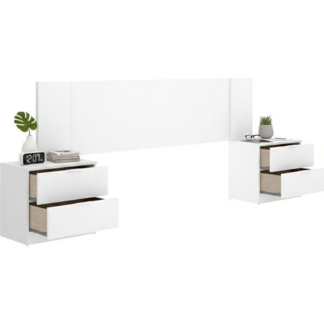 Cabezal Sierra con 2 Mesitas, Plaza y Media, Estructura Marrón, 34x251 cm Blanco