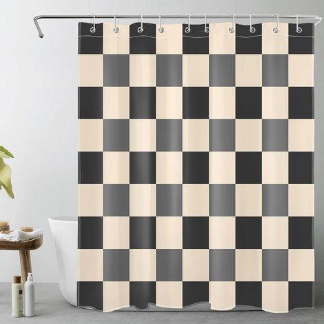 Gris et Noir à Carreaux Rideaux de Douche 150x200cm(LxH) Beige Plaid Rideaux de Bain avec Crochets,Géométrique Abstrait Extra Longue Imperméable Polyester Anti Moule Salle de Bain Décor (1/5)
