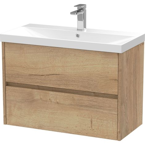 Chartley Contemporary 2 Drawer Wall Hung Vanity Unit with Thin Edge Basin, Autumn Oak, 800mm