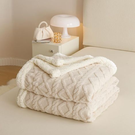 Kuscheldecke 200 x 230 cm, Herbst – Winter, weich, geeignet für Bett, Sofa, beige, weiß, superweich, große Sanddecke, Sofadecke, warmes Flanell
