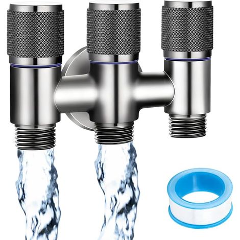 3 Way Switch Valve, 1/2" Combination Angle Tap with Dishwasher Fitting and Double Fitting, Stainless Steel Pressure Resistant Threaded Interface for Washing Machines (1/5)