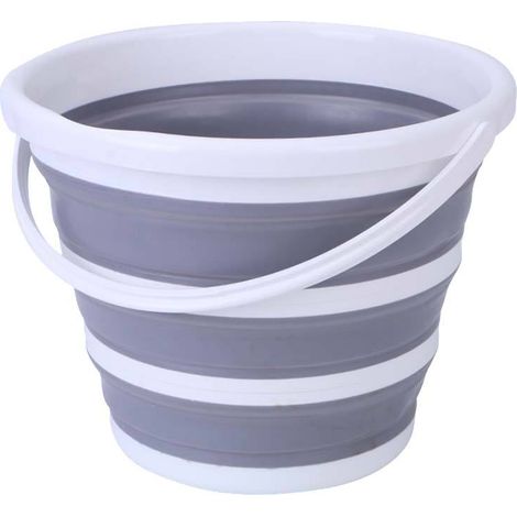 Seau pliable 10L avec couvercle, contenant rétractable en silicone et plastique, seau compact pour camping, pêche, maison, sans bouchon, 10 litres blanc et gris (1/4)