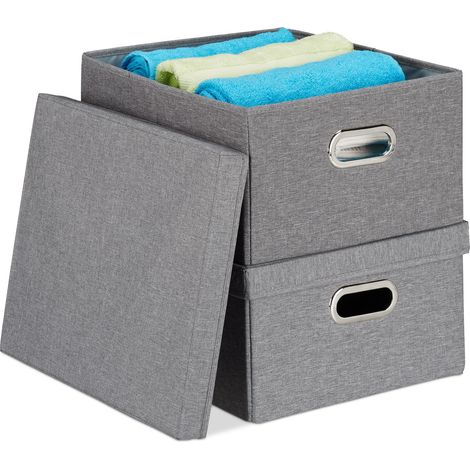 4 x Aufbewahrungsbox, faltbare Ordnungsbox mit Deckel, 25 Liter je Stoffbox, HBT 20,5 x 34,5 x 42 cm, Faltbox, grau