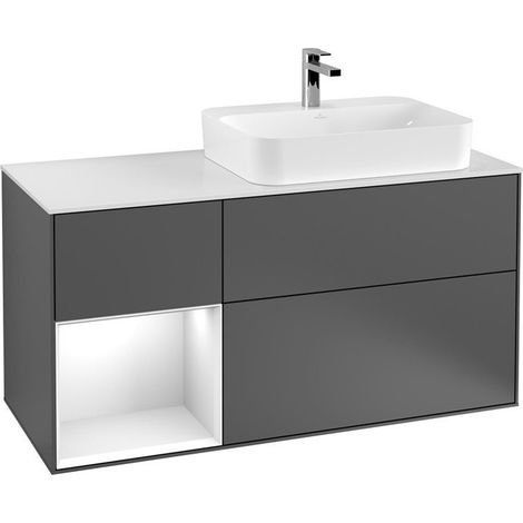 Finion, Muebles de baño, 1200 x 603 x 501 mm, Angular, con estantería (iluminada), modelo suspendido, En madera, lavabo a la derecha, iluminación LED, 1x LED / 2.3W, 2700 K a 6480 K, Lacado Blanco Bri