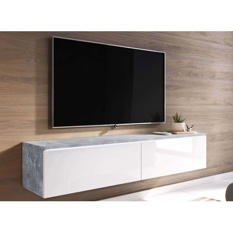 Meuble TV contemporain béton et laqué blanc avec LED 2 portes (1/4)