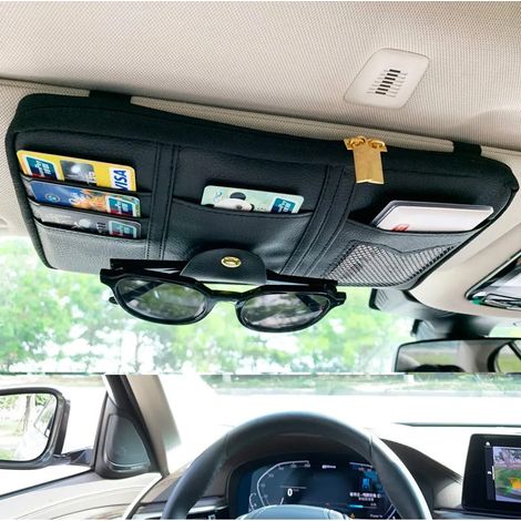 Organisateur de pare-soleil pour voiture, accessoire intérieur pour lunettes de soleil, CD, cartes, cartes bancaires, pochette de rangement pour petits documents, similicuir, grande poche zippée, noir (1/5)