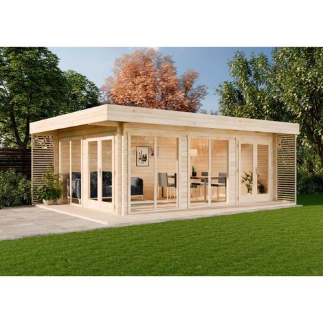 Carlsson – Chalet de jardin en bois naturel 44 mm – Dimensions 668 x 472 cm – 2 doubles portes vitrées – Toit plat en bois massif