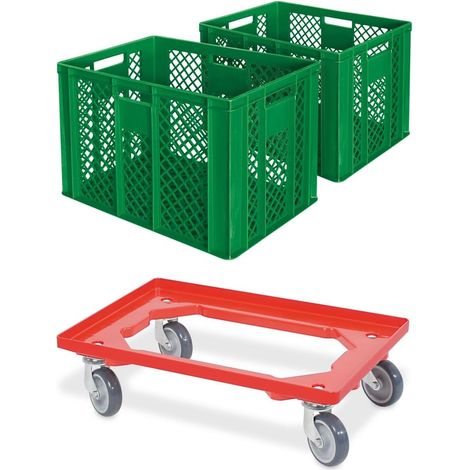 BRB Lot de 2 bacs euro/caisses de boulangerie, L x l x H 600 x 400 x 410 mm avec chariot de transport (vert)